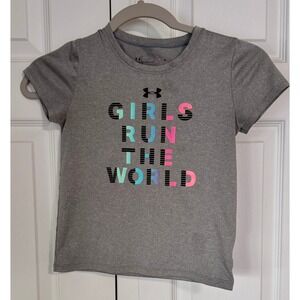 Under Armour Girls Graphic T-Shirt Gray Short Sleeve Girls Run The World Size 6X